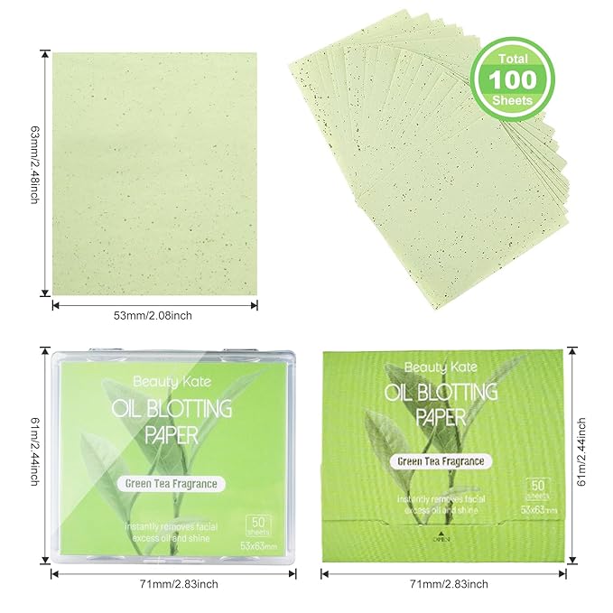 Oil Blotting Sheets for Face, Blotting Paper For Oily Skin Green Tea 100 sheets with Portable Mirror Case & Makeup Puff, Oil Absorbing Sheets For Face