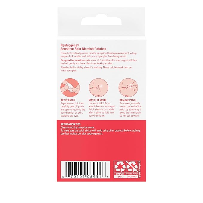 Neutrogena Sensitive Skin Blemish Patches, Acne Patches for Sensitive Skin, Hydrocolloid Treatment Visibly Shrinks Pimples Overnight, 2 Sizes, 30 Count