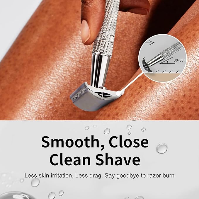 Double Edge Safety Razor with Stand, Single Blade Razors for Men and Women, Metal 1 Blade Razor, with 10 Platinum Coated Stainless Steel Double Edge Blades, Smooth and Close Shave, Silver