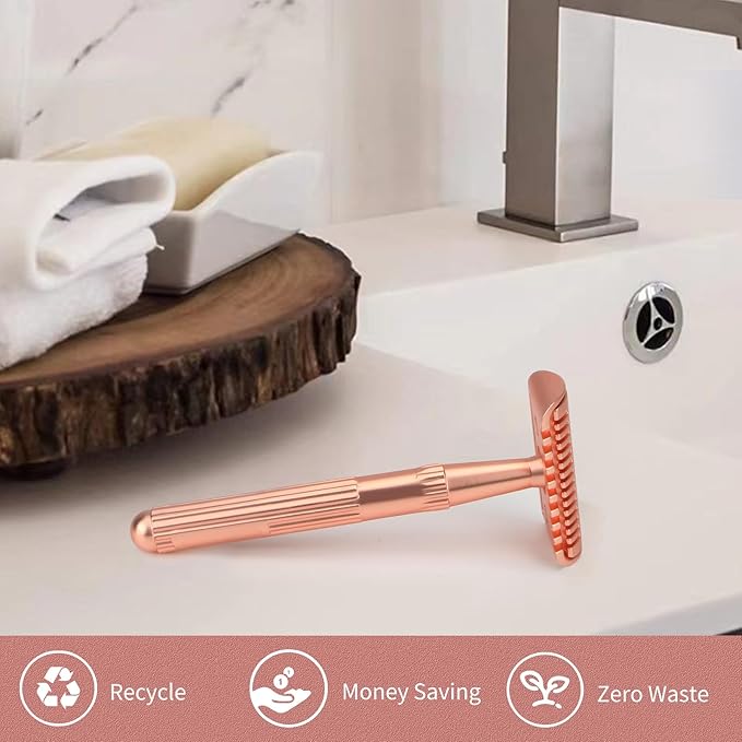 Matte Rose Gold Double Edge Safety Razor, Single Blade Razors for Women and Men, with 10 Stainless Steel Safety Razor Blades, Reusable, Smooth and Close Wet Shaving Kit, Plastic Free