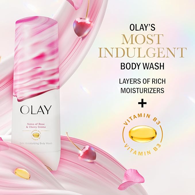 Olay Body Wash for Women, Indulgent Moisture, 24hr Moisturizing & Nourishing Formula, Infused with Vitamin B3 Complex, Luxurious Fragrances, Rose & Cherry Creme Scent, 20 fl oz
