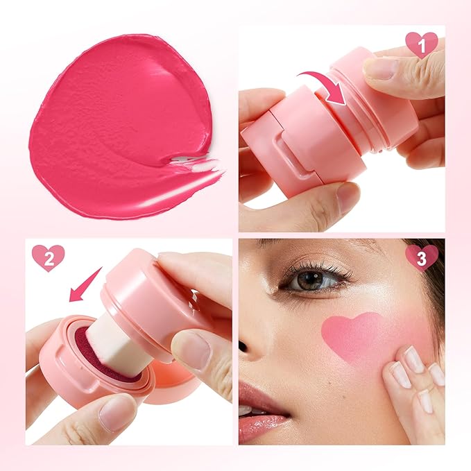 Boobeen Liquid Blush for Cheeks, Buildable & Blendable Face Blusher, Cheek Stamp Blush with Heart-shaped Applicator, Lightweight Air Cushion Blush for Velvet Matte Finish