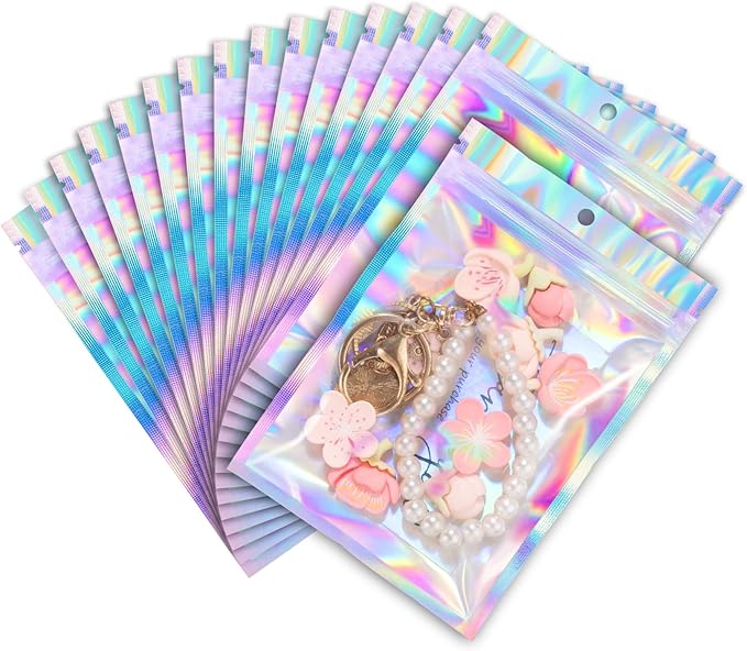 ANZNKU 100 Pack Mylar Bags Reasealable Holographic Bags, Smell Proof Bag Zipper Pouches with Clear Window, Jewelry Candy Sealable Bag for Packaging Sample Party Favor (4.7 x 7.9 Inch)