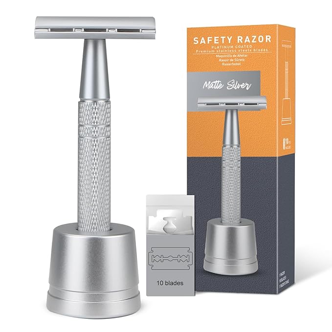 Double Edge Safety Razor with Stand, Single Blade Razors for Men and Women, Reusable Metal De Razor, Men's Safety Shaving Razors with 10 Double Edge Blades, Smooth and Close Shave, Matte Silver