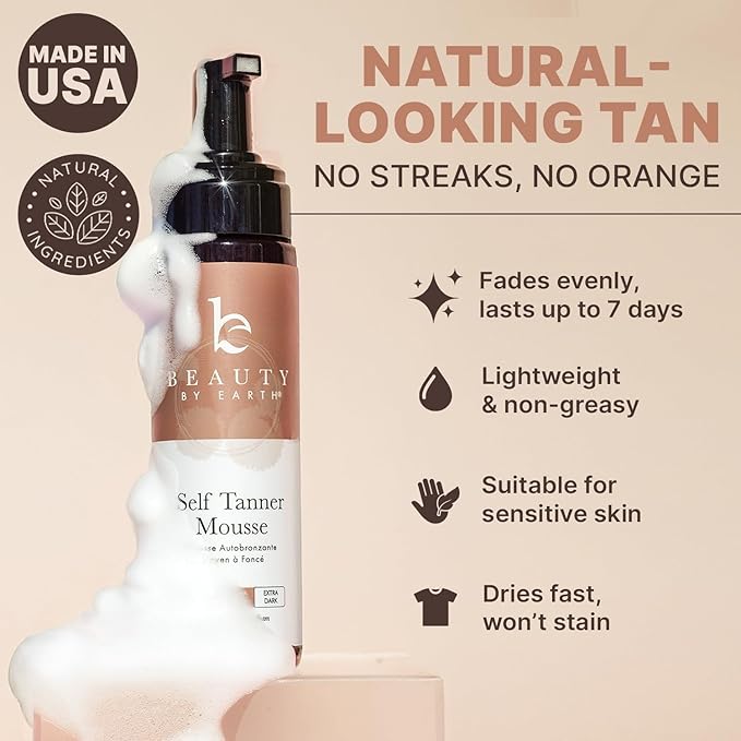 Self Tanner Mousse - USA Made with Natural & Organic Ingredients, Self Tanning Mousse for Dark Fake Tan, Sunless Tanner, Clear & Non Toxic Tanning Foam for Streak Free Finish & Natural Glow