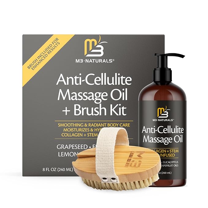 M3 Naturals Anti Cellulite Massage Oil and Firm Dry Brush Kit | Collagen & Stem Cell Skin Tightening Kit | Radiant Body Care Kit for Women