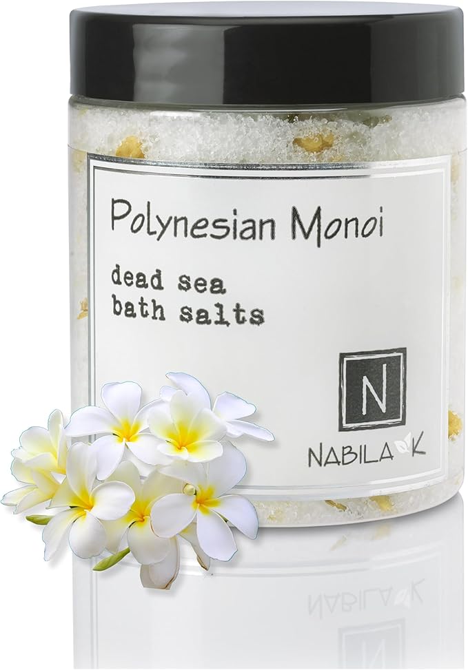Polynesian Monoi Bath Salts by Nabila K - Dead Sea Salt & Epsom Salt Scrub & Soak - Exfoliates & Hydrates Skin, Botanical Essential Oils - Bubble Bath Accessories for All Skins Types, 2 oz