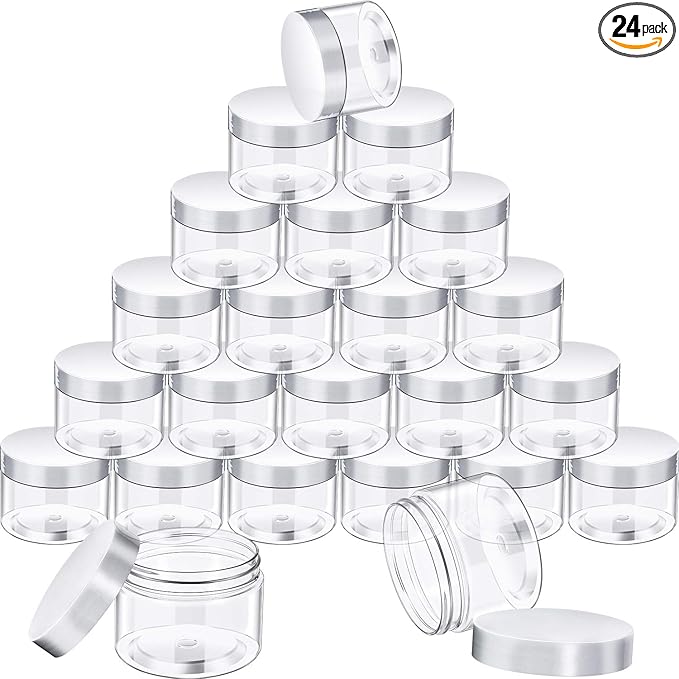 SATINIOR 24 Pieces Empty Clear Plastic Jars with Lids Round Storage Containers Wide Mouth for Beauty Product Cosmetic Cream Lotion Liquid Butter Craft and Food(Clear Lid,10 oz)