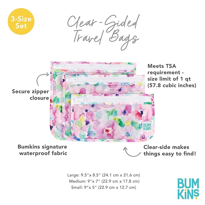Bumkins Travel Bag, Toiletry, TSA Approved Pouch, Zip Bag, Quart Size Airline Compliant, Clear-Sided, Baby, Diaper Bag Organization, Makeup, Accessories, Packing, Set of 3 Sizes, Watercolors Floral