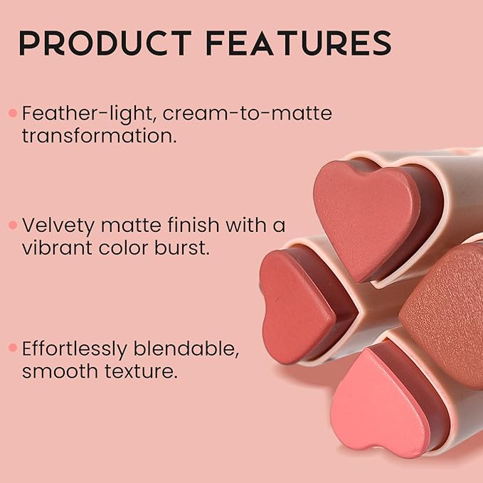 Blush Stick for Cheeks, Cream Blush with Heart-shaped, Dried Rose