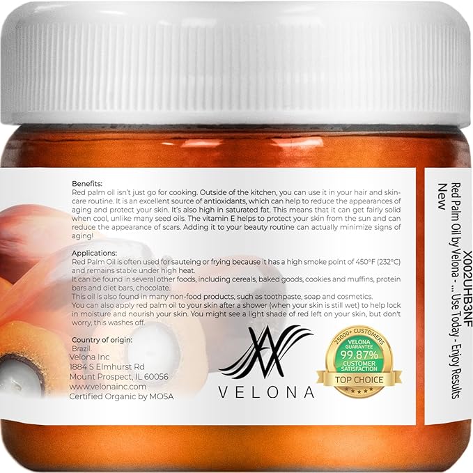 velona USDA Certified Organic Red Palm Oil 2 Fl Oz | Food and Cosmetic Grade | in jar | Extra Virgin, Cold Pressed | Skin, Face, Body, Hair Care