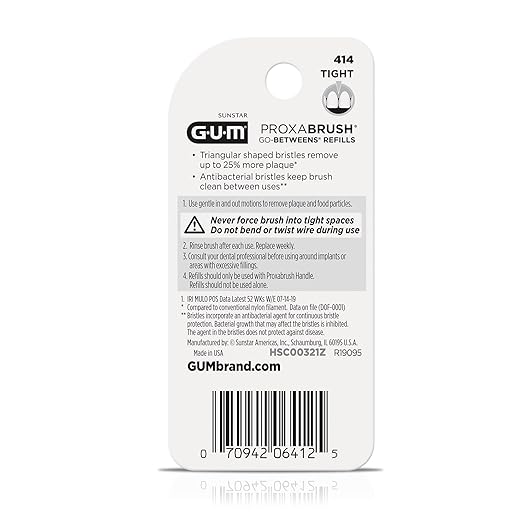 GUM Proxabrush Go-Betweens Refills - Tight - Compatible with GUM Permanent Handle -Reusable Interdental Brushes for Tight Teeth - Soft Bristled Dental Picks, 8 Count