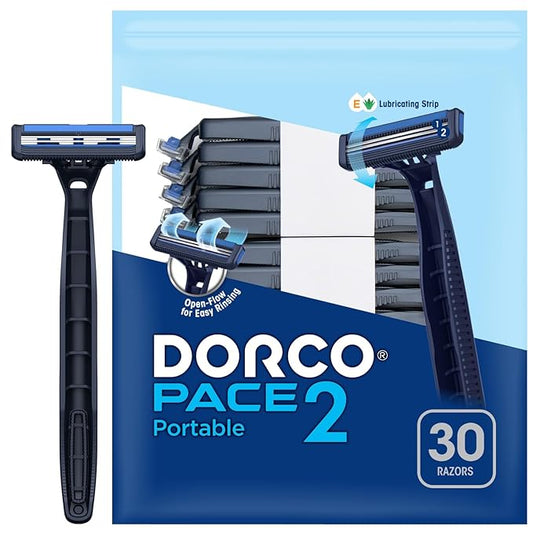 Dorco Pace 2 Plus Disposable Razor 2 blades Pivoting Head Open-Flow No Clogging Easy Rinsing Lubricating Strip Long Non-Slip Rubber Handle (30ct No Rubber Handle)
