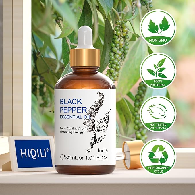 HIQILI 1 Fl Oz Black Pepper Essential Oil, 100% Pure Natural for Aromatherapy, Diffuser - 30 ML
