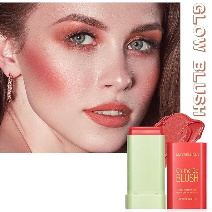 Cream Blush Stick for Cheeks, Multi-Use Makeup Blush Brush-Orange Coral