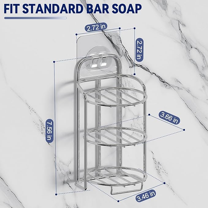 Silver 3-Tier Shower Soap Shampoo Bar Holder, Self Adhesive & Freestanding Draining Soap Dish Caddy for Bathroom Wall Accesories Decor