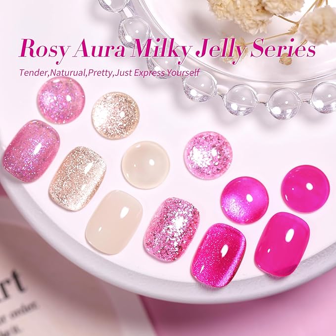 Born Pretty Gel Nail Polish Pink Series,Jelly Transparent Gel Polish, Cat Magnetic Eye,Holographic Glitter Hot Pink Nude Gel Polish for Salon Manicure and Nail Art DIY at Home 6 Colors