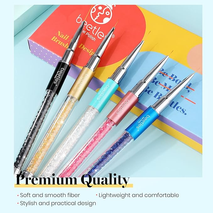 Beetles Gel Polish Nail Art Liner Brushes 5Pcs Painting Art Design Pen Set Diamond Application Rhinestone Handle Dotting Drawing Sizes 5 7 9 11 20mm Nail Design Gift for Women