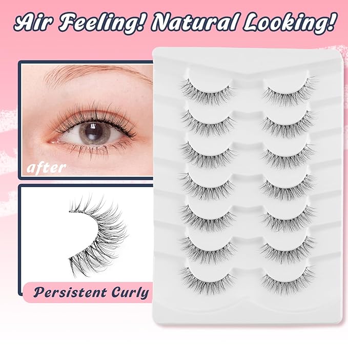 Natural Lashes False Eyelashes 12 MM Short Lashes WIspy 3D Volume Fake Eyelashes Pack C Curl Soft Eye Lash with Thin Cotton Band 7 Pair False Lashes Siligli