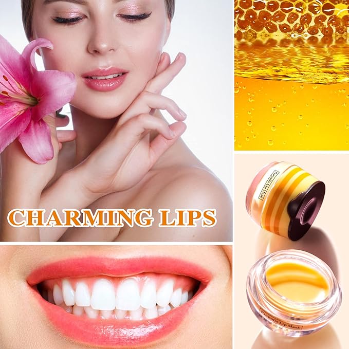 1PCS Bee Lip Balm Honey Pot,Honey Sleeping Lip Mask Bee Lip Balm with Applicator,Natural Moisturizing & Prevention Dry and Cracked Lip Scrubs Exfoliator