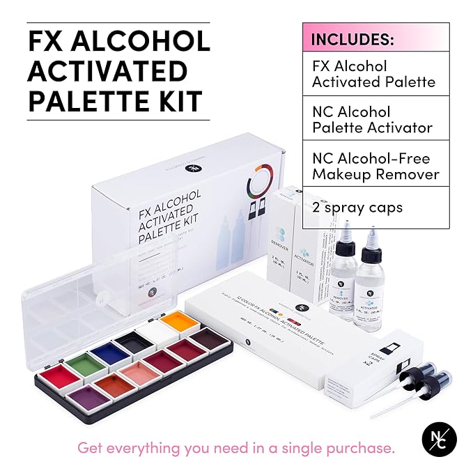 FX Alcohol-Activated Palette, Activator, and Remover Kit, Professional SFX Makeup Set Multicolor