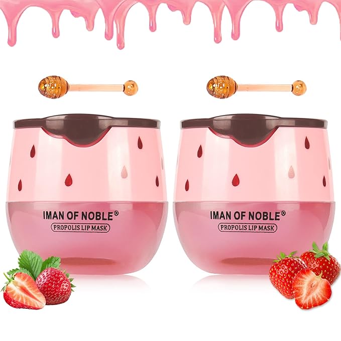 2PCS Strawberry Sleeping Lip Mask,Bee Lip Balm Lip Mask Honey Pot Propolis Moisturizing Lip Balm with Stick,Plumping Lip Hydrating Prevention Dry & Cracked Lip Scrubs Exfoliato Lip Wrinkle Care