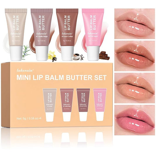 4Pcs Hydrating Lip Gloss Set, Mini Lip Butter Balm Pack, High Shine Glass Finish Lip Moisturizing Plumping Lip Gloss Shiny Jelly Liquid Lipstick for Women