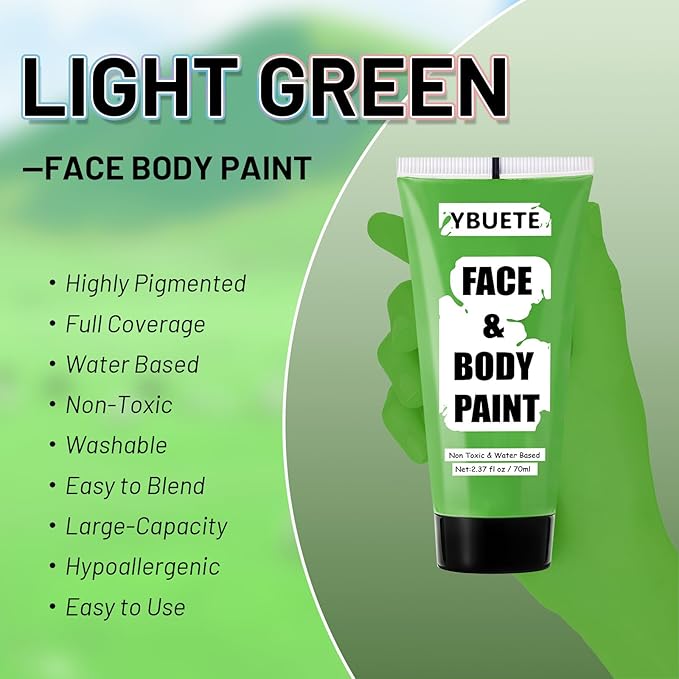 Light Green Water Based Face Body Paint for St. Patrick’s Day,2.37 OZ Large Tube Full Coverage Face Paint for Cosplay Monster Hulk Witch,Washable Green Body Painting Adult Halloween SFX Makeup