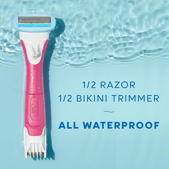 Schick Hydro Silk TrimStyle Razor with Bikini Trimmer for Women | 2-in-1 Bikini Razor for Women and Womens Trimmer for Pubic Hair, Includes 1 Waterproof Handle, 3 Refills & 1 AAA Battery