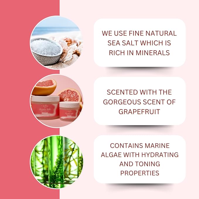 Sea Salt Body Scrub by Florida Suncare - Ocean Salt Body Polish Infused with Marine Algae - Exfoliating Face and Body Scrub - Facial Scrub Exfoliator to Tackle Acne (Grapefruit, 3.3 oz)