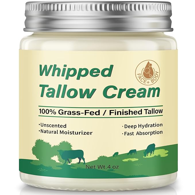 Beef Tallow for Skin, Organic Grass Fed Whipped Beef Tallow Moisturizer Nourishes and Hydrates the Skin, Natural Unscented Tallow Face Moisturizer Smooth Soft for Dry Skin, 4oz