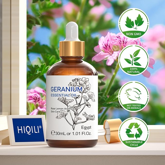 HIQILI 30ML Geranium Essential Oil， for Skin, Diffuser & Candle, 100% Pure and Natural - 1.01 Fl.Oz