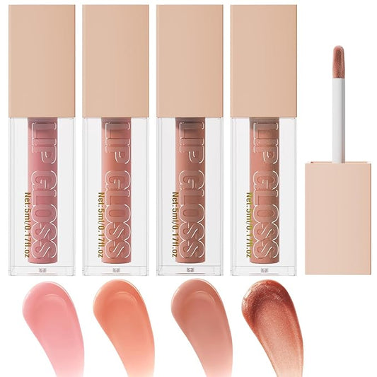 4 Pcs Hydrating Lip Gloss, REEF/AMBER/STONE/TOPAZ High Moisturizing Oil Tint with Hyaluronic Acid, High Shine for Plumper Looking Lips (#B)