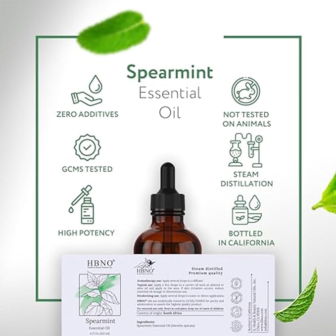 HBNO Spearmint Essential Oil - Huge 4 oz (120ml) Value Size - Natural Spearmint Oil - Perfect for Cleaning, Aromatherapy, DIY, Soap & Diffuser -