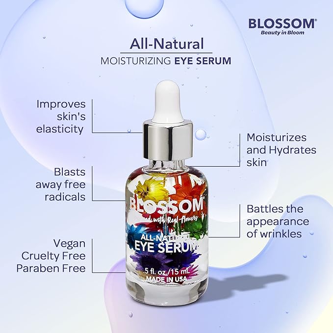 Blossom All Natural Organic Cruelty Free Moisturizing Eye Serum with Essential Oils, Infused with Real Flowers, Made in USA, 0.5 fl. oz., Spring Bouquet