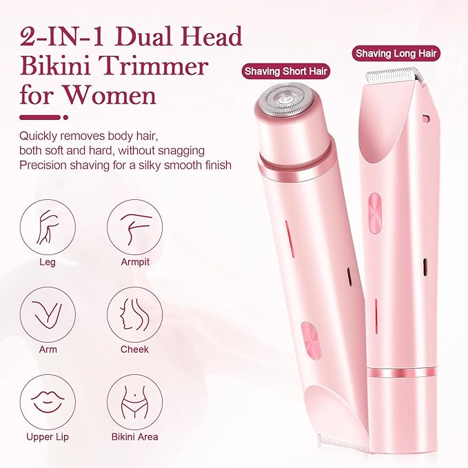 Dermave Bikini Shaver 2.0, 2025 New Glow Aura Bikini Trimmer for Women, 2 in 1 Dual Head Electric Razors for Women, IPX7 Waterproof Wet & Dry Electric Shaver, Rechargeable Portable Body Shaver (Pink)