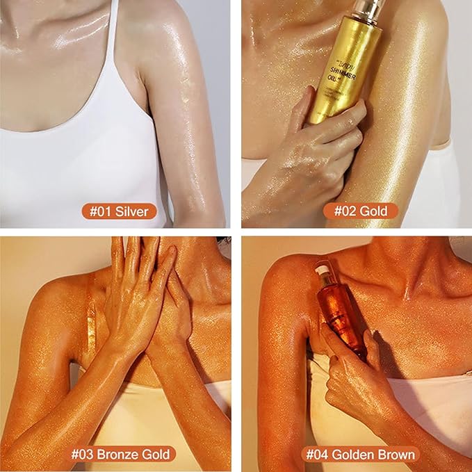 Shimmer Body Oil-Gold Face Brighten Glow Pearl Highlighter Liquid Illuminator Body Glow Oil,4 Color Bronze Makeup Glitter Body Shimmer Oil with Makeup Brush