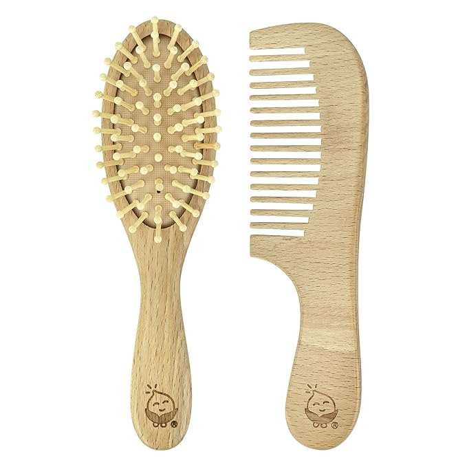 green sprouts Learning Brush + Comb Set |Super Soft Learning Brush Grooms Thick or Curly Hair| Natural Wood and Bamboo Bristles Without BPA, BPS, BPF