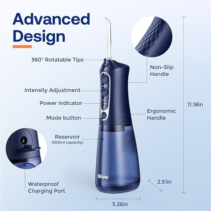 Bitvae C6 Cordless Water Flosser for Teeth Cleaning Picks, Portable Water Dental Flosser for Travel with 6 Jet Tips, IPX7 Waterproof USB Rechargeable Oral Irrigator Cleaner, Midnight Blue