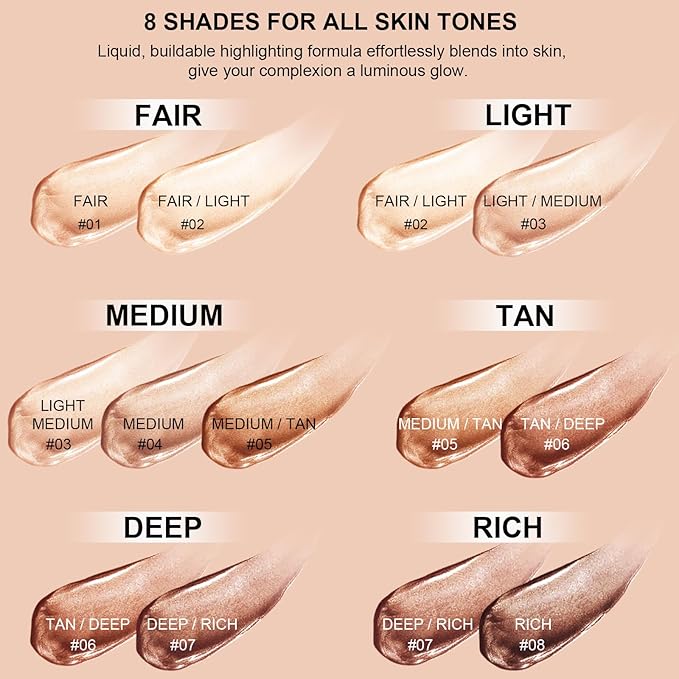 Natural Glow Liquid Filter Makeup, Longwear Face Luminizer, Complexion Booster For Any Part of the Body, Liquid Highlighter with Brush Kit, Infused Hyaluronic Acid, 1.06 fl oz (#01 FAIR)