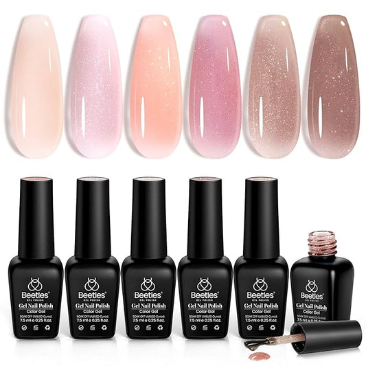 Beetles Jelly Gel Nail Polish Set - 6 Colors Nude Pink Brown Shimmer Giltter Fall Gel Polish Kit Sheer Transparent Effect Soak Off UV Lady with Dreams Collection Gift for Women