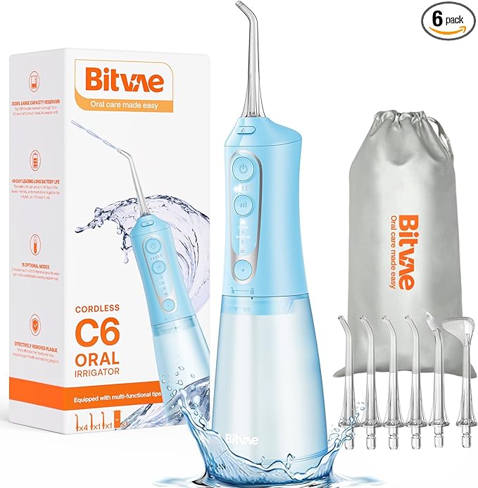 Bitvae C6 Rechargeable Portable Water Flosser, 300ML Water Dental Flosser Pick for Teeth, Gums, Braces, 3 Modes 5 Intensities, Waterproof Cordless Water Flosser for Cleaning, Sky Blue