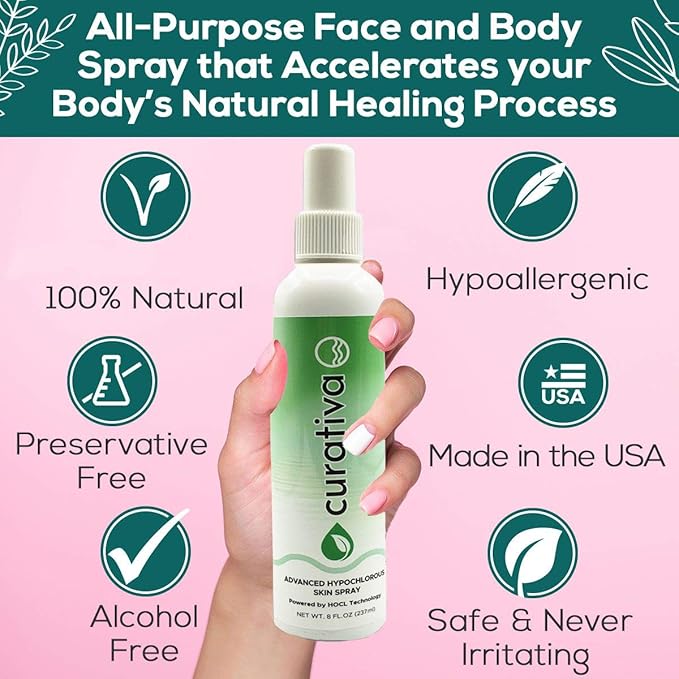 Curativa Bay .02% Hypochlorous Skin Spray, Clear Skin, Most effective For Total Skin Health and the Base for all Skin Care. 100% Organic, Made in USA, Produces Great Results 8 OZ.