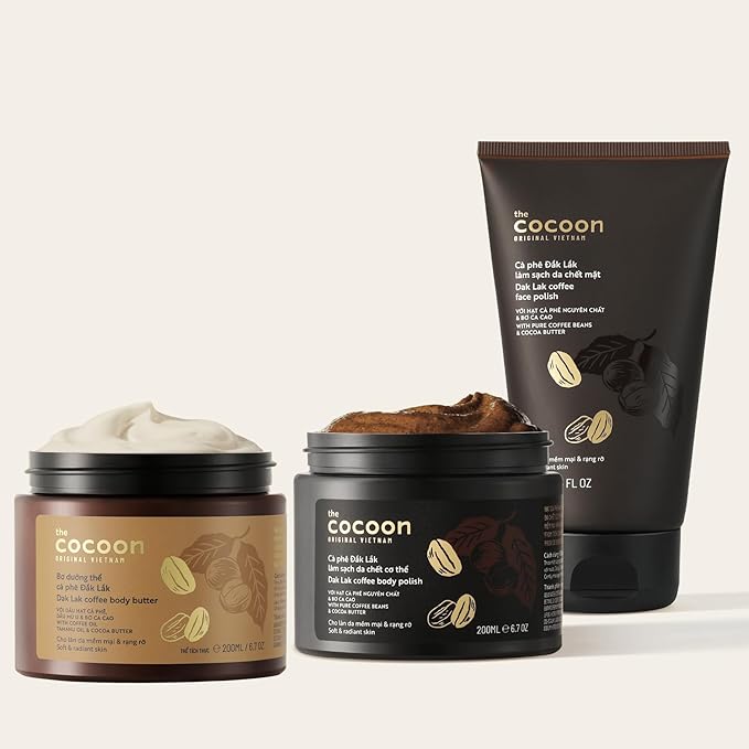 Cocoon Dak Lak Face Polish, Body Polish & Body Butter Combo. 100% Vegan Exfoliating Scrub for Smooth & Glowing Skins | Reduce Stretch Marks, Acne & Cellulite | Gift for Coffee Lovers (6.76 fl oz each)