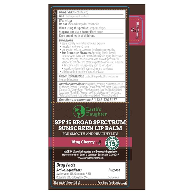 SPF Lip Balm 4-Pack by Earth's Daughter - Lip Sunscreen, SPF 15, Organic Ingredients, Cherry Flavor, Beeswax, Coconut Oil, Vitamin E - Hypoallergenic, Paraben Free, Gluten Free