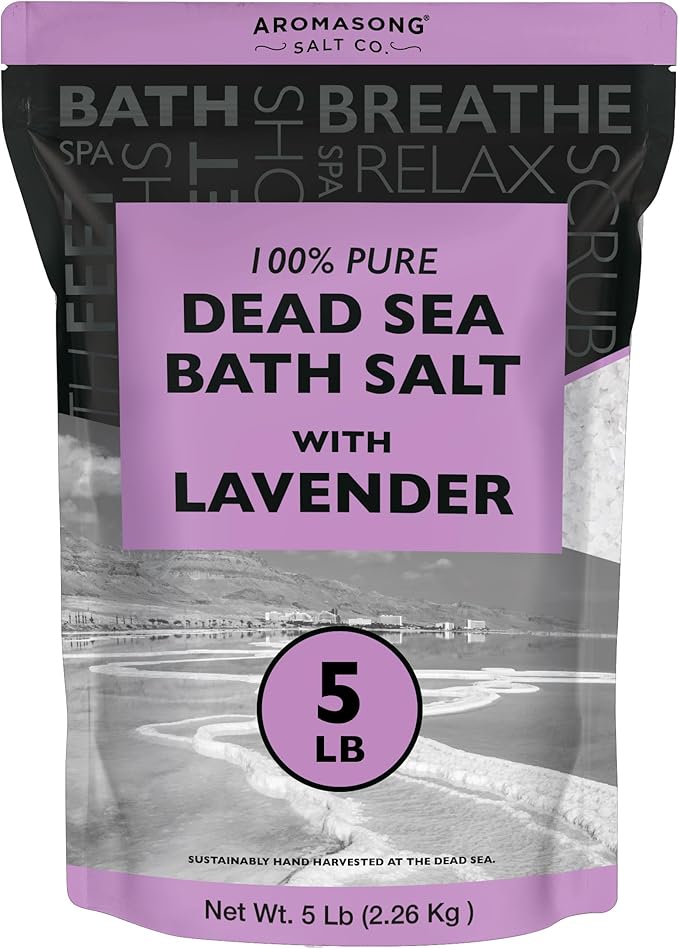 Aromasong Pure Dead Sea Salt for Soaking with 100% Natural Lavender, 5 LB - Spa Bath Salt Fine Grain - Body Wash Scrub - Soak for Women & Men- Bulk Resealable Pack (Packaging May Vary)