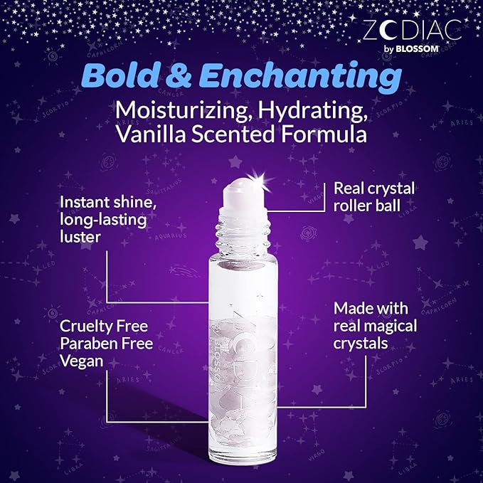 Blossom Zodiac Sign Vanilla Scented Moisturizng Roll On Lip Gloss with Crystals + pH Technology Color Charnging Shimmering Lip Balm, 2 Pack Bundle, Libra/Crystal