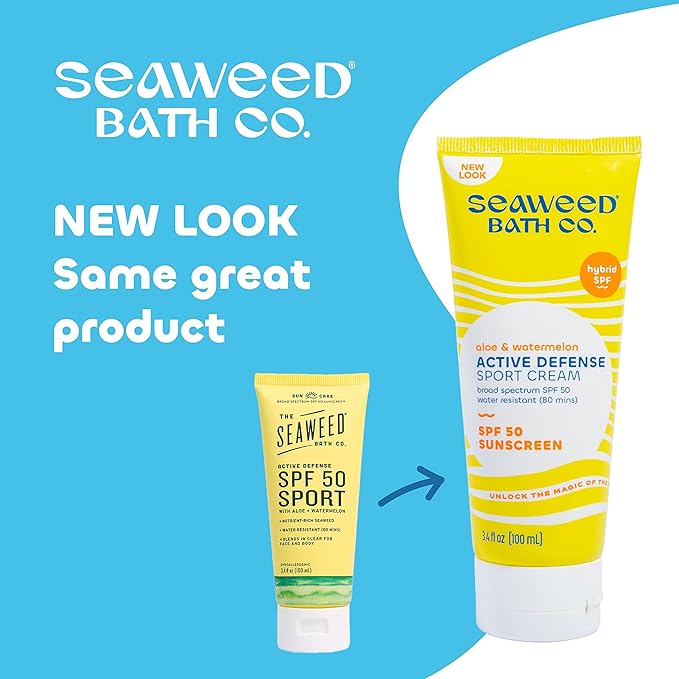 Seaweed Bath Co. Active Defense SPF 50 Sport Broad Spectrum Hybrid Sunscreen Cream, 3.4 Ounce, Sustainably Harvested Seaweed, Aloe, Watermelon
