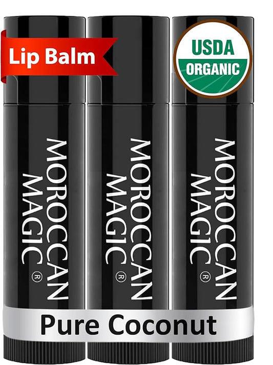 Moroccan Magic Organic Pure Coconut Lip Balm 3 Pack | Ultra-Hydrating Argan & Essential Oil Lip Moisturizer + Vitamin E | Natural Chapsticks for Dry Lips | Smooth, Non-Toxic | Organic Lip Balm Set
