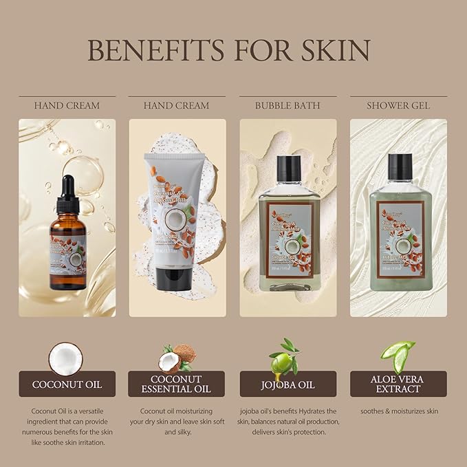 Fathers Day Gifts for Men for Dad Bath and Body Gift Basket For Women & Men Spa Gift Basket Coconut Almond 16 Pcs Bath Gift Set With Fragrant Lotion, Home Spa Luxurious Bath Body Oil, Diffuser & More